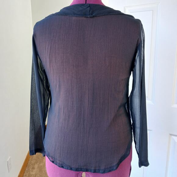 Vintage 1990s Phool Ruffle Collar Blouse M sheer black button up orange lining - Picture 3 of 15